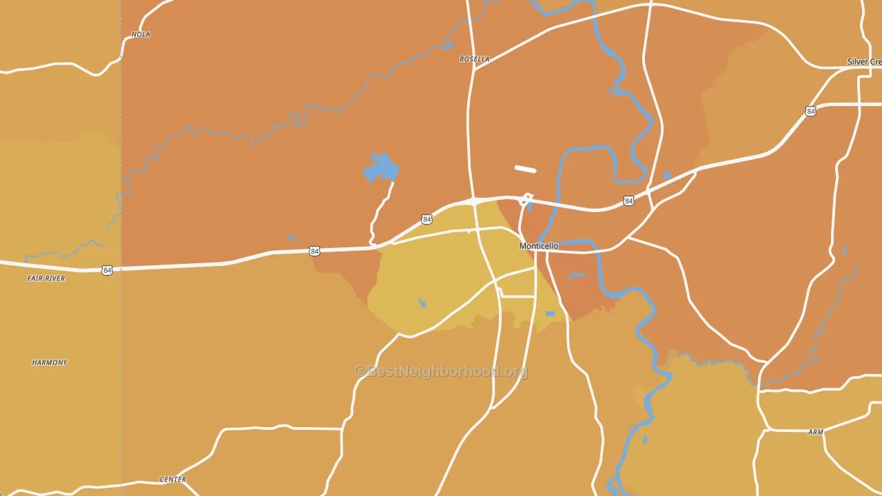 Map of the best neighborhoods in the 39654 area, with better matches in green and worse matches in red