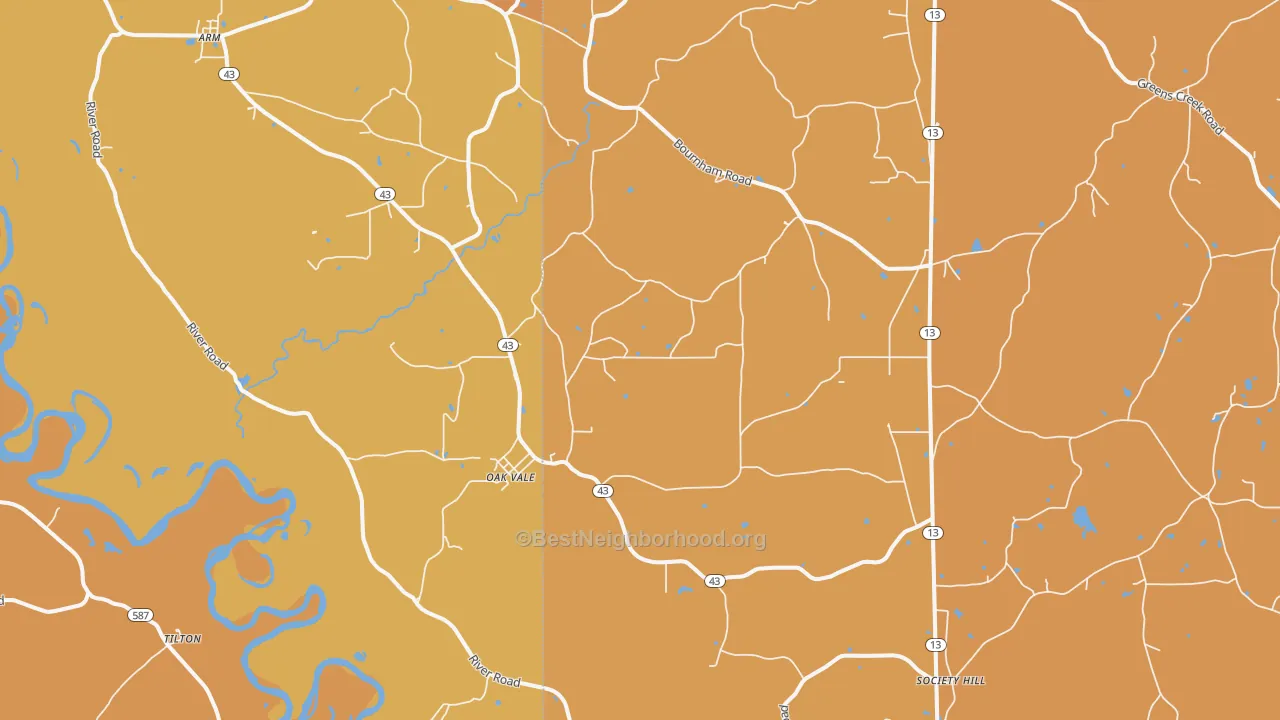 Map of the best neighborhoods in the 39656 area, with better matches in green and worse matches in red