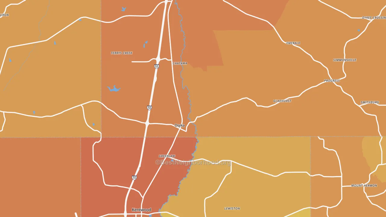 Map of the best neighborhoods in the 39657 area, with better matches in green and worse matches in red