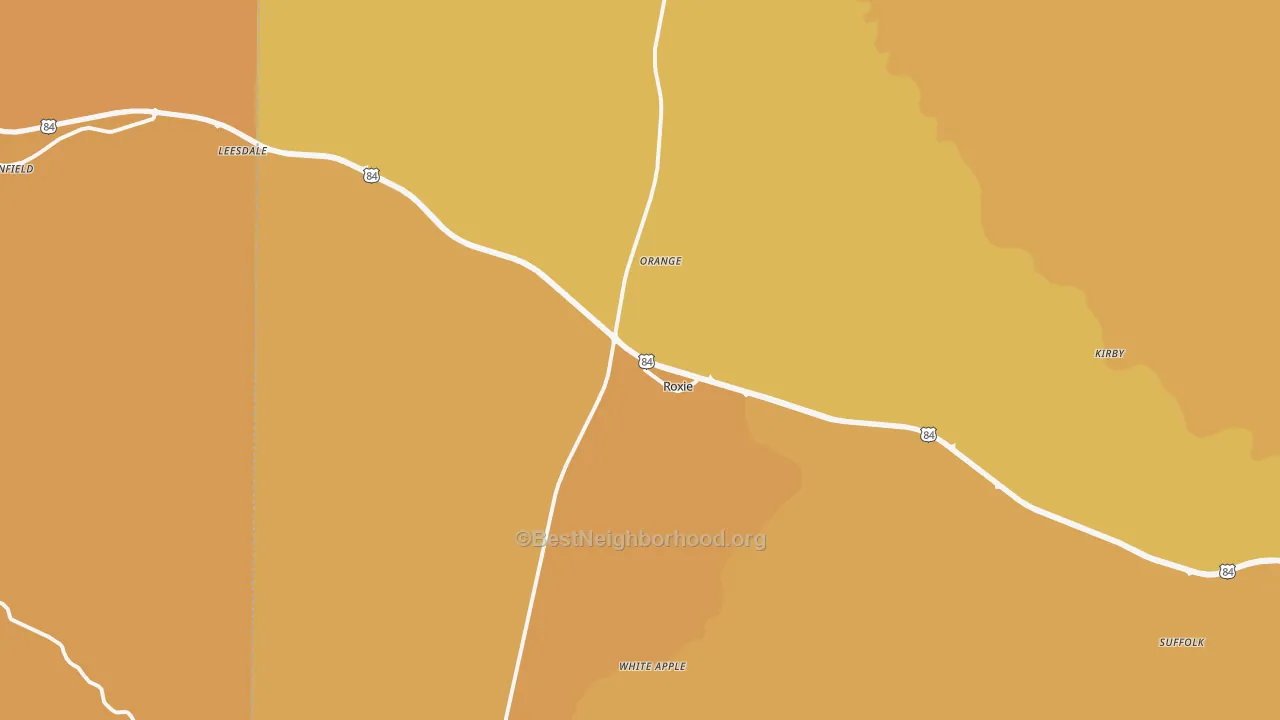 Map of the best neighborhoods in the 39661 area, with better matches in green and worse matches in red