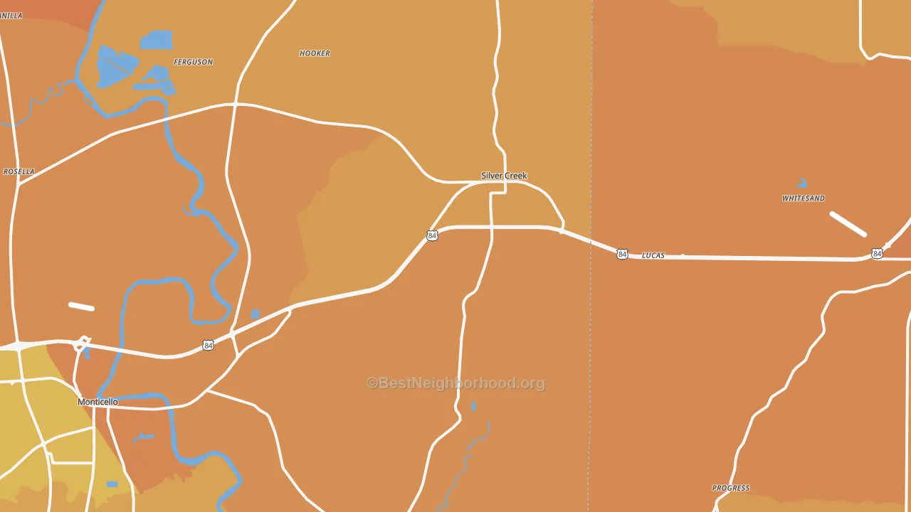 Map of the best neighborhoods in the 39663 area, with better matches in green and worse matches in red