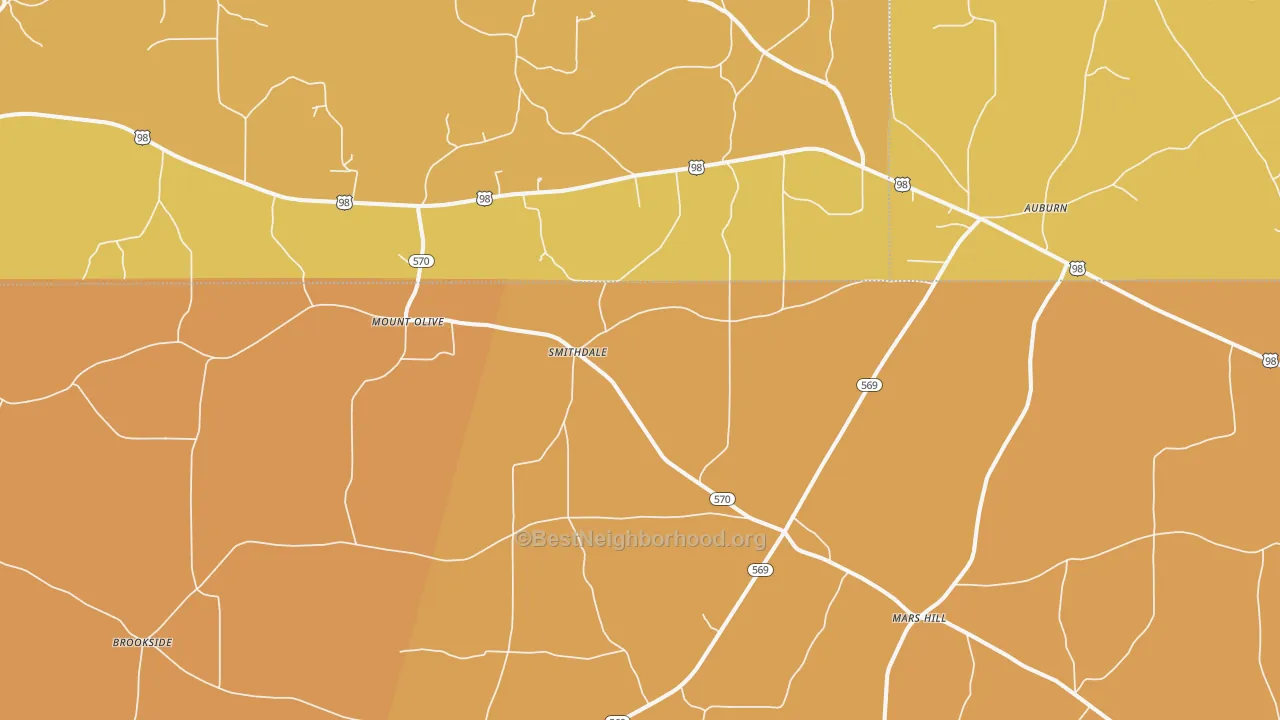 Map of the best neighborhoods in the 39664 area, with better matches in green and worse matches in red