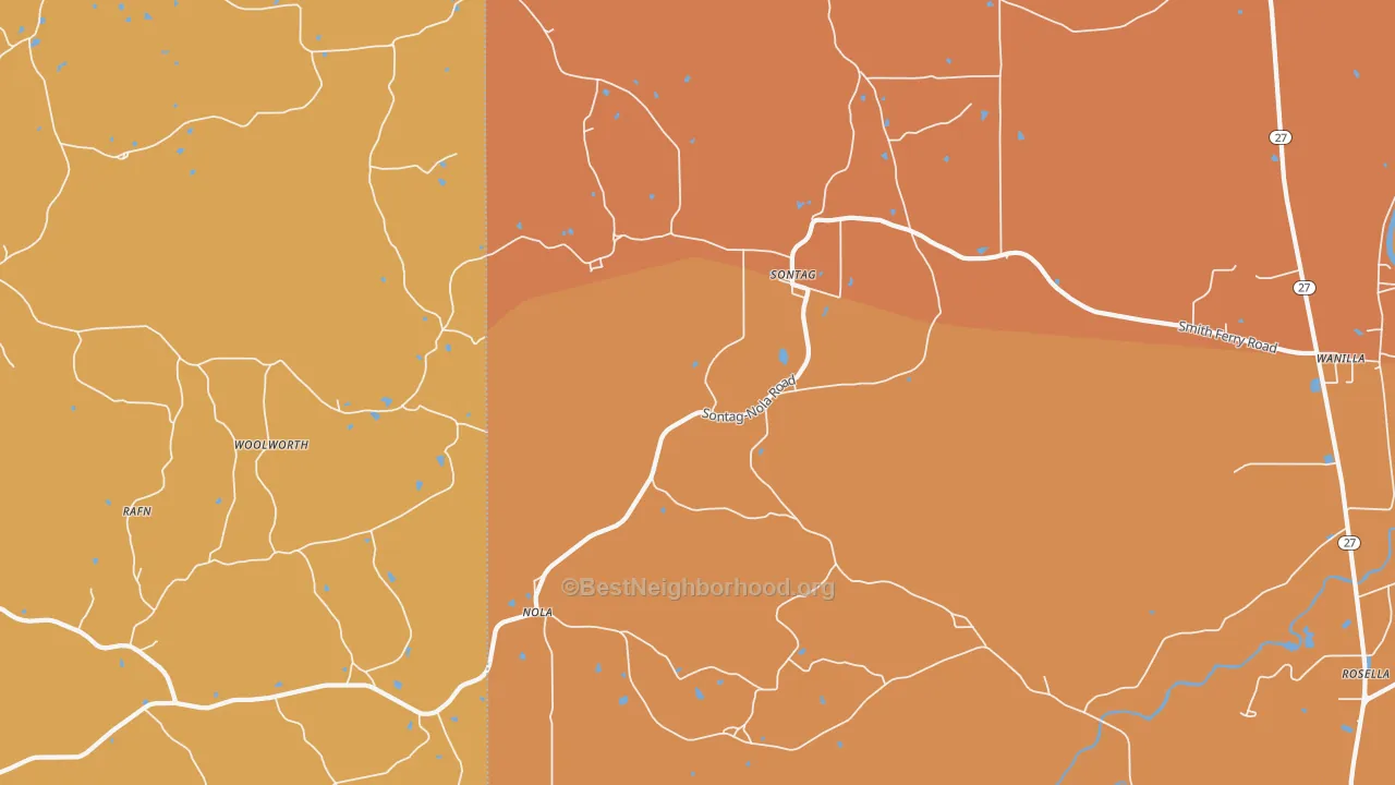 Map of the best neighborhoods in the 39665 area, with better matches in green and worse matches in red