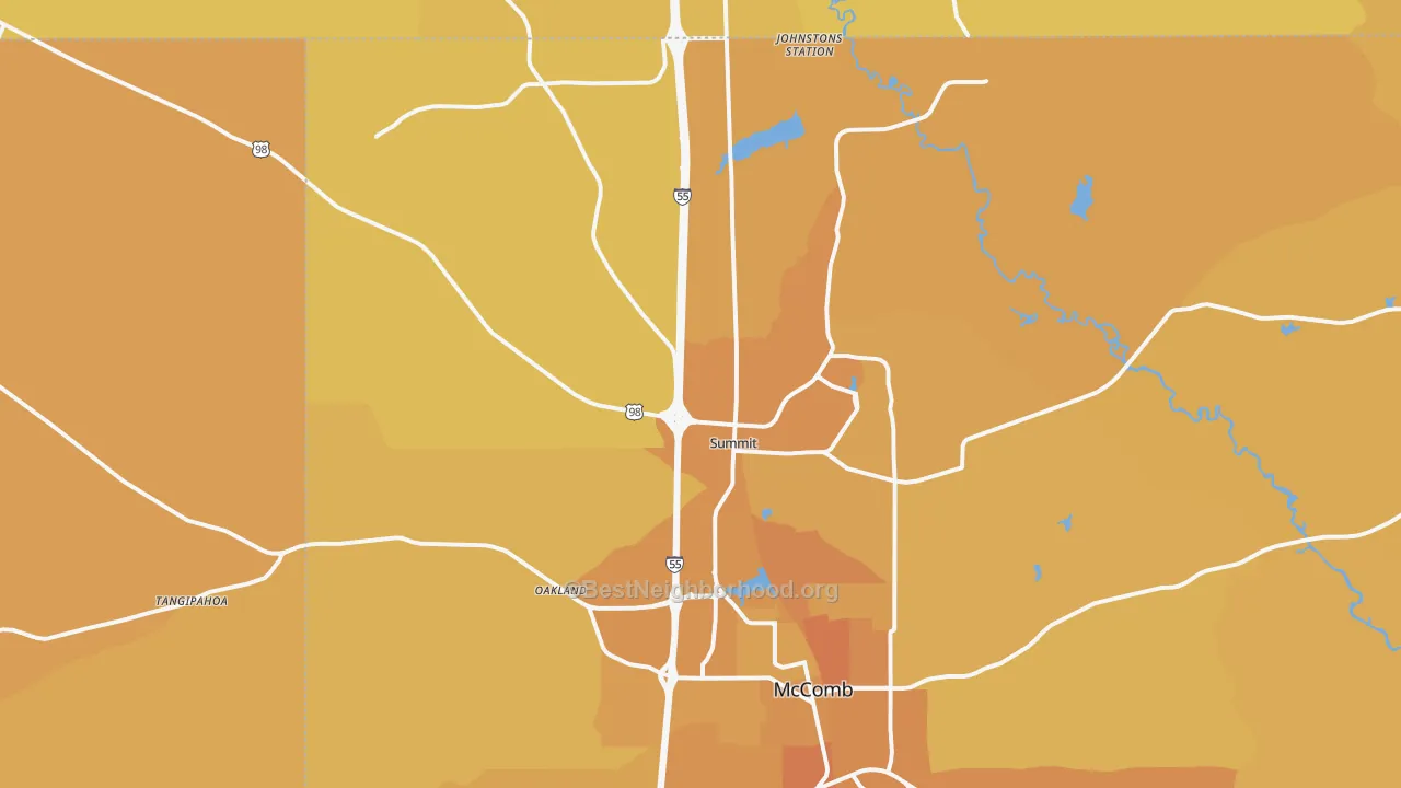 Map of the best neighborhoods in the 39666 area, with better matches in green and worse matches in red