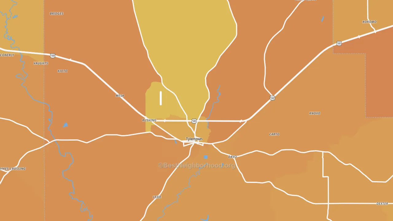 Map of the best neighborhoods in the 39667 area, with better matches in green and worse matches in red