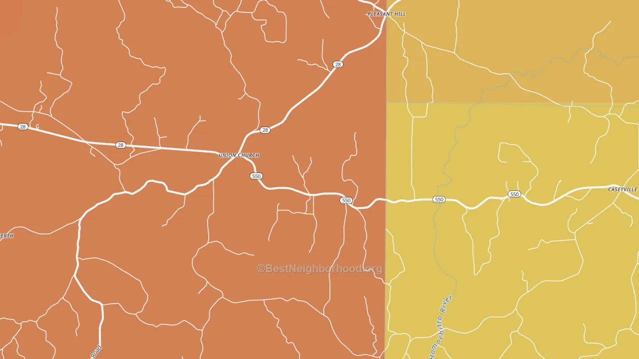 Map of the best neighborhoods in the 39668 area, with better matches in green and worse matches in red