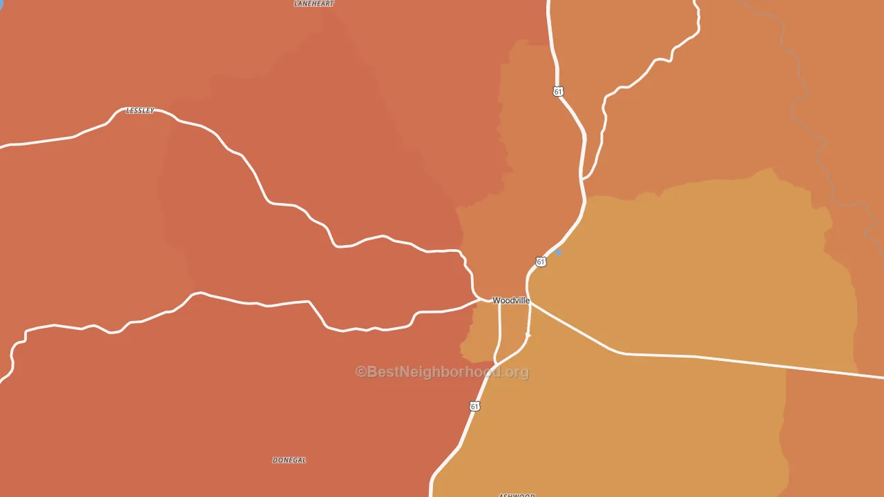 Map of the best neighborhoods in the 39669 area, with better matches in green and worse matches in red