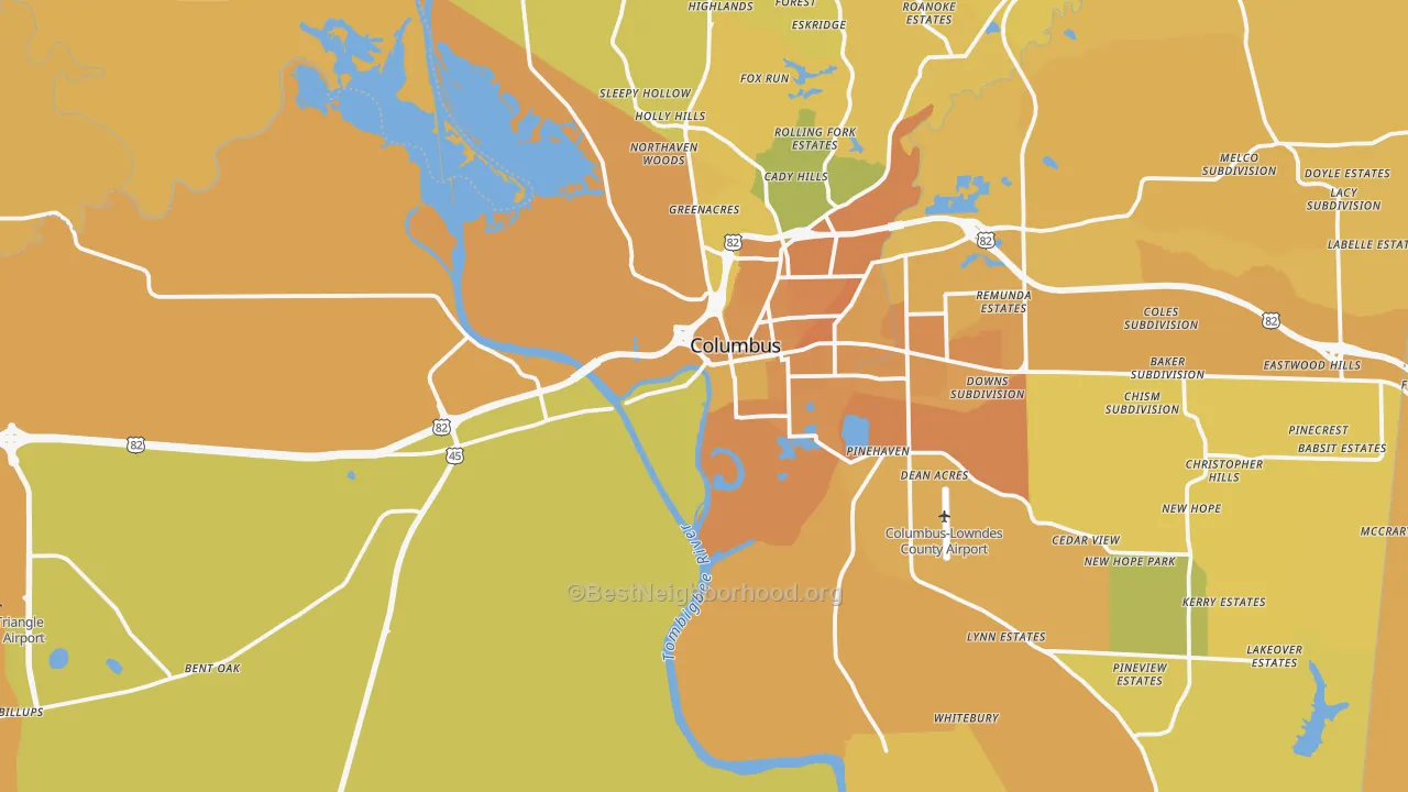 Map of the best neighborhoods in the 39701 area, with better matches in green and worse matches in red