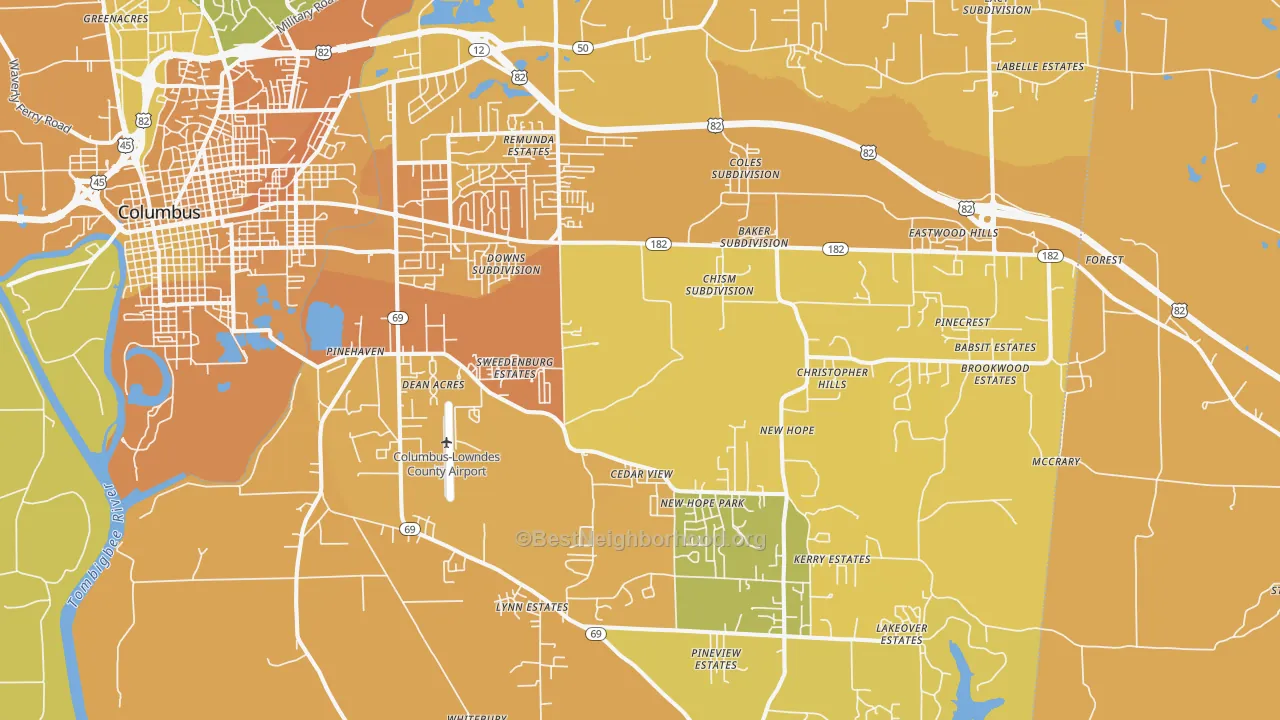 Map of the best neighborhoods in the 39702 area, with better matches in green and worse matches in red