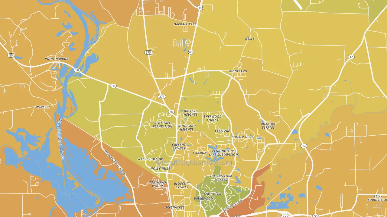 Map of the best neighborhoods in the 39705 area, with better matches in green and worse matches in red