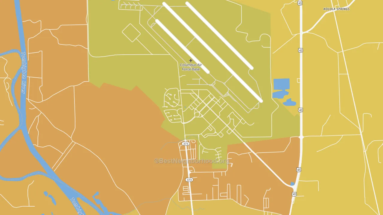 Map of the best neighborhoods in the 39710 area, with better matches in green and worse matches in red