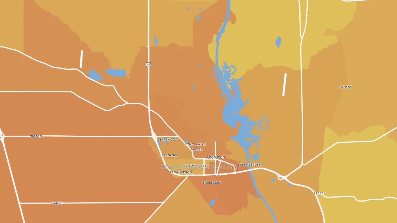 Map of the best neighborhoods in the 39730 area, with better matches in green and worse matches in red