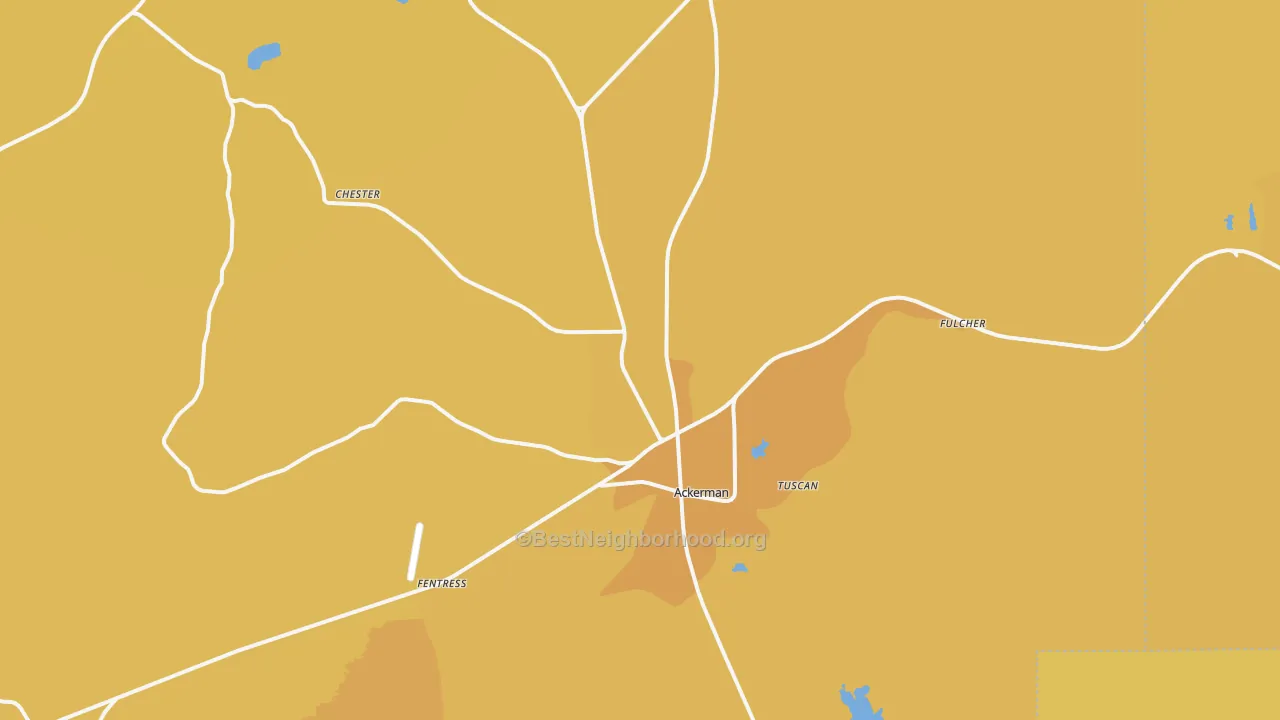 Map of the best neighborhoods in the 39735 area, with better matches in green and worse matches in red