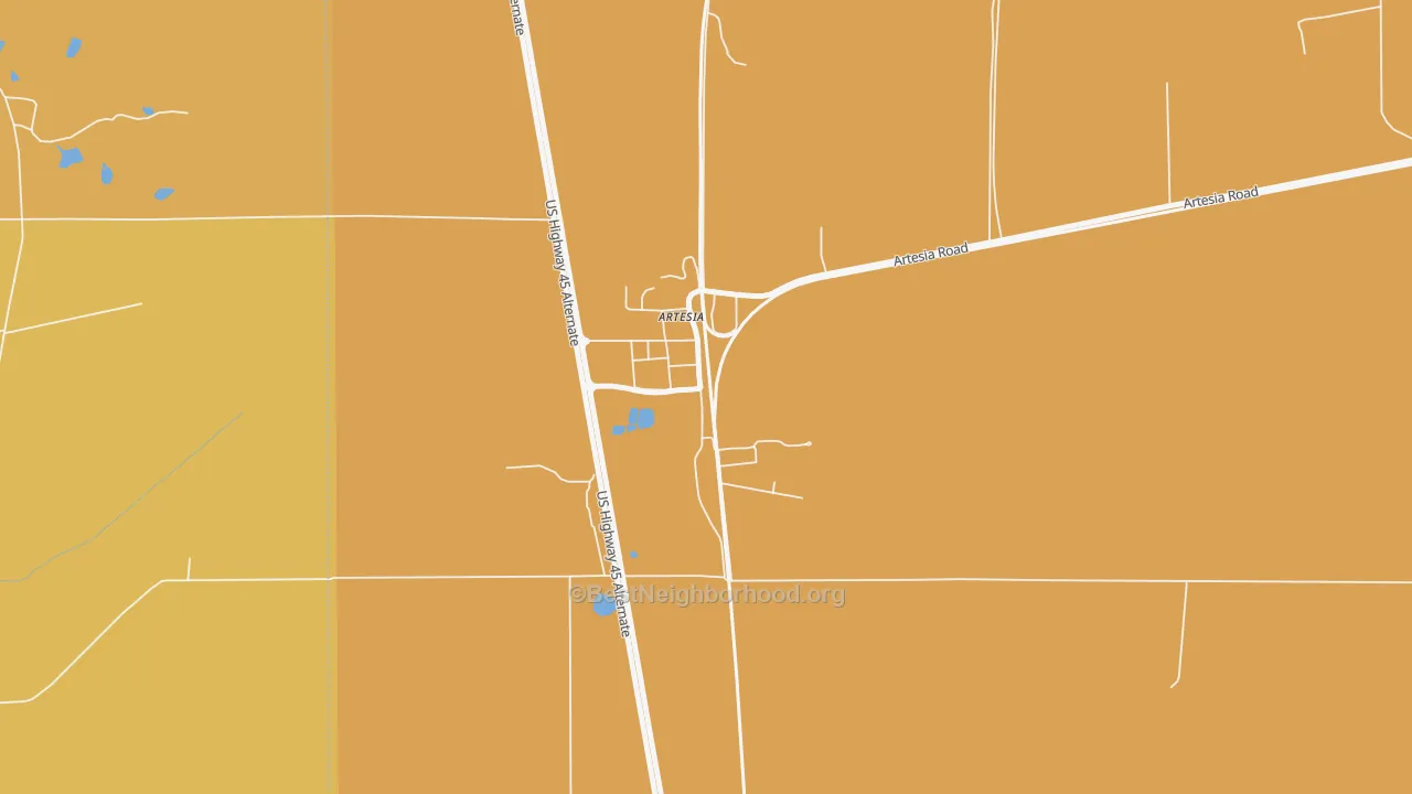 Map of the best neighborhoods in the 39736 area, with better matches in green and worse matches in red