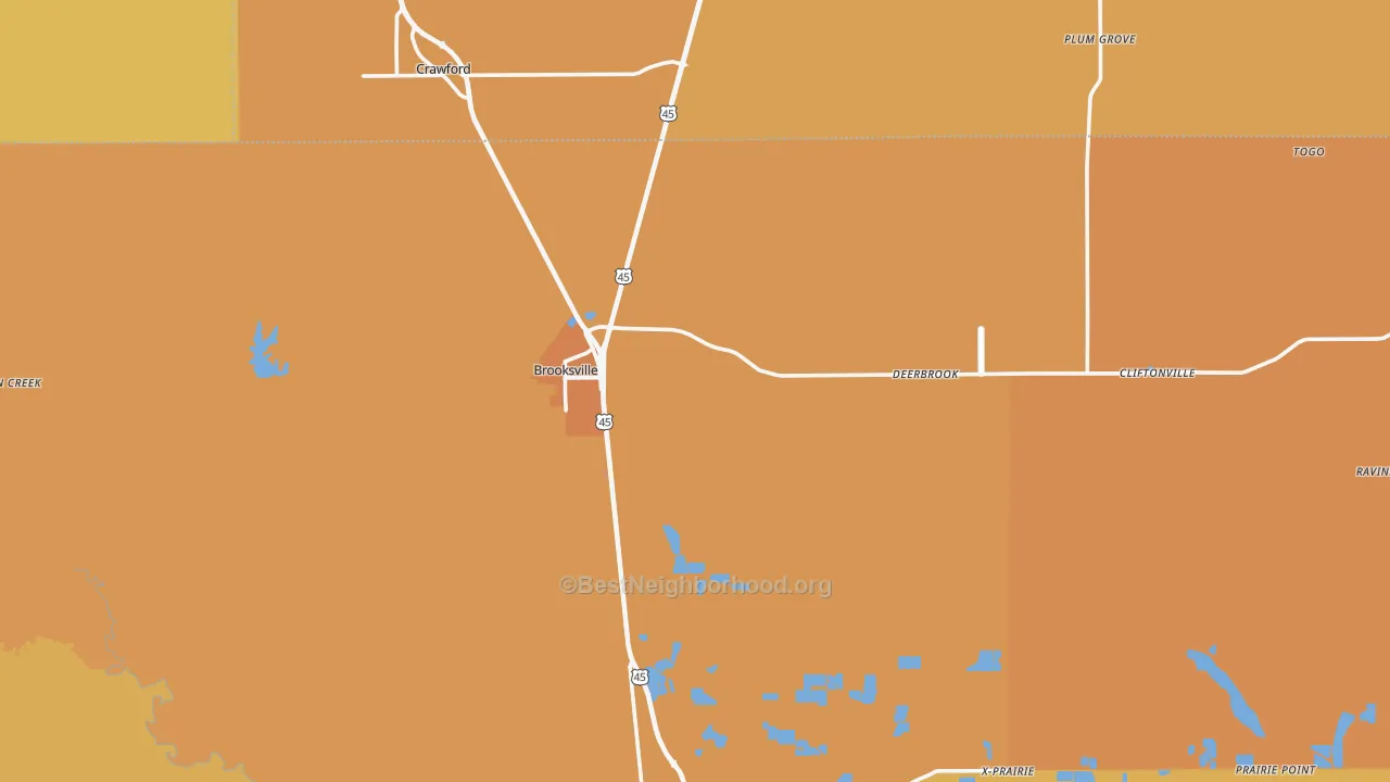 Map of the best neighborhoods in the 39739 area, with better matches in green and worse matches in red