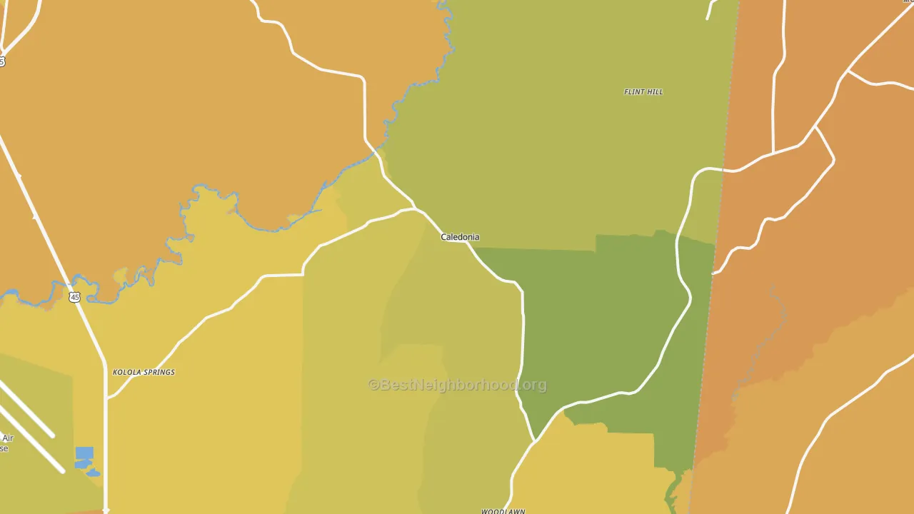 Map of the best neighborhoods in the 39740 area, with better matches in green and worse matches in red