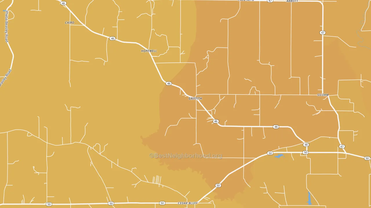 Map of the best neighborhoods in the 39741 area, with better matches in green and worse matches in red