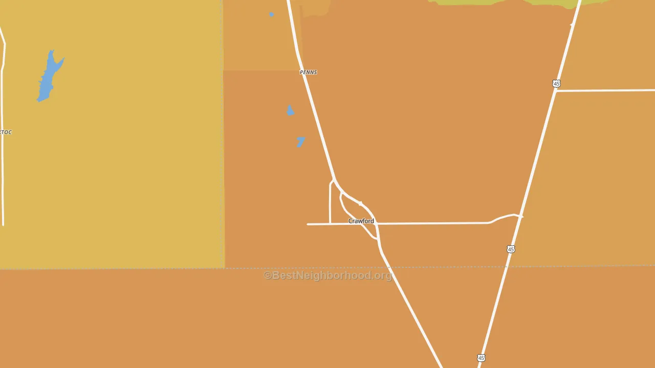 Map of the best neighborhoods in the 39743 area, with better matches in green and worse matches in red