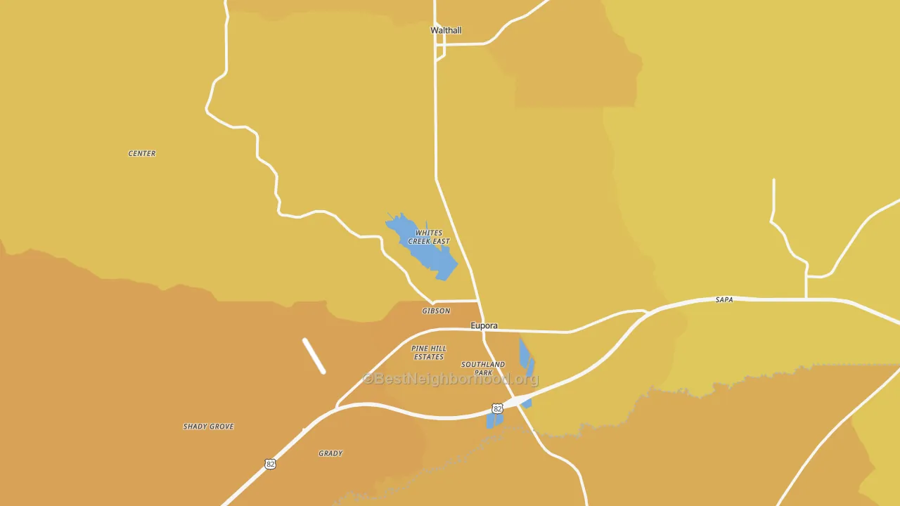 Map of the best neighborhoods in the 39744 area, with better matches in green and worse matches in red