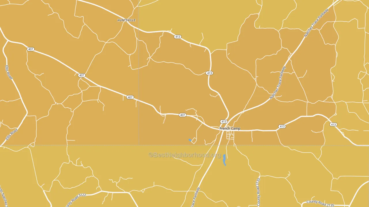 Map of the best neighborhoods in the 39745 area, with better matches in green and worse matches in red