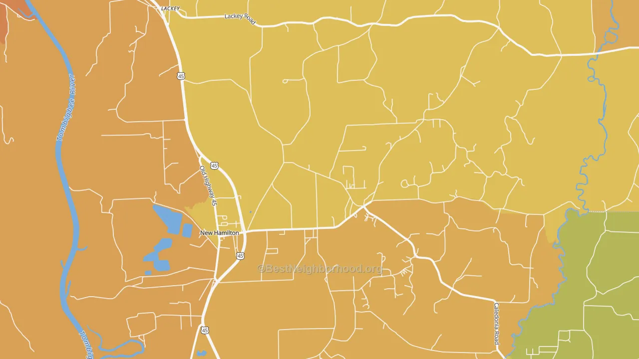Map of the best neighborhoods in the 39746 area, with better matches in green and worse matches in red