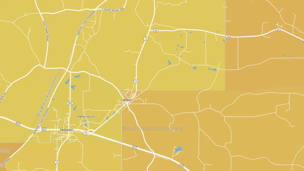 Map of the best neighborhoods in the 39750 area, with better matches in green and worse matches in red