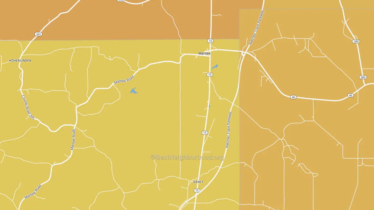 Map of the best neighborhoods in the 39751 area, with better matches in green and worse matches in red