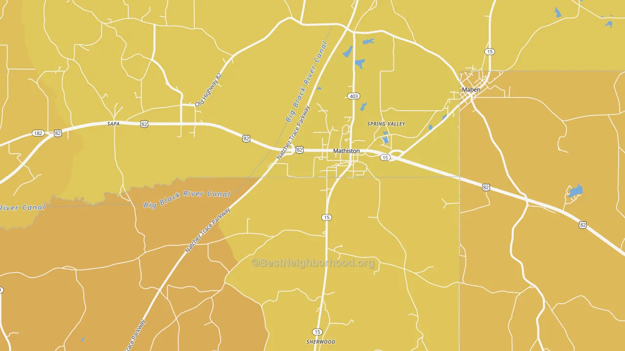 Map of the best neighborhoods in the 39752 area, with better matches in green and worse matches in red