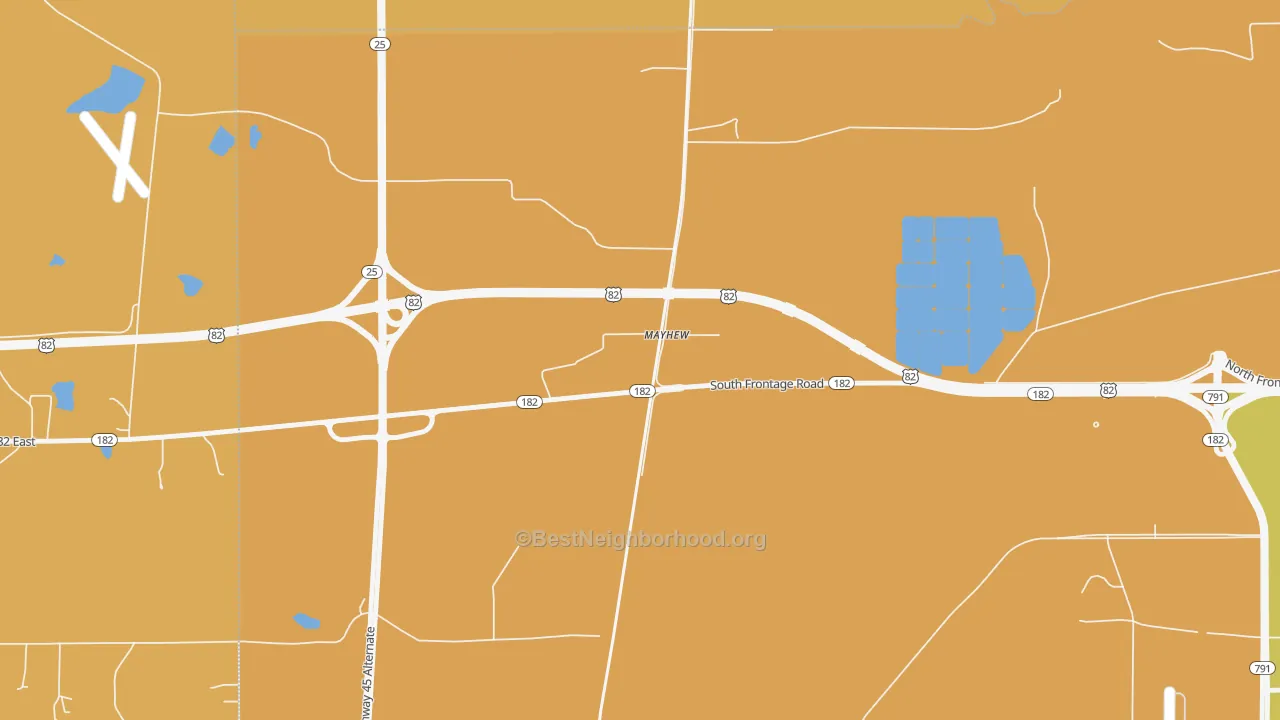 Map of the best neighborhoods in the 39753 area, with better matches in green and worse matches in red