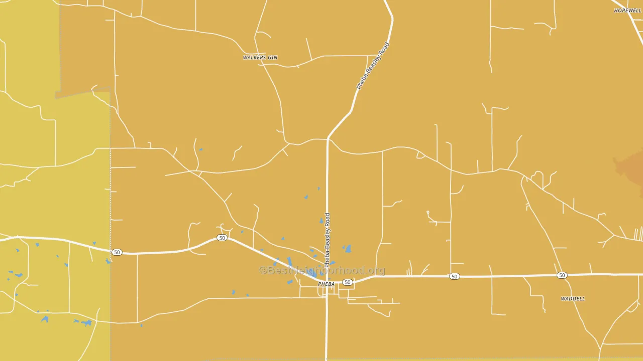 Map of the best neighborhoods in the 39755 area, with better matches in green and worse matches in red