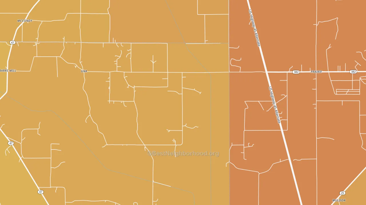 Map of the best neighborhoods in the 39756 area, with better matches in green and worse matches in red