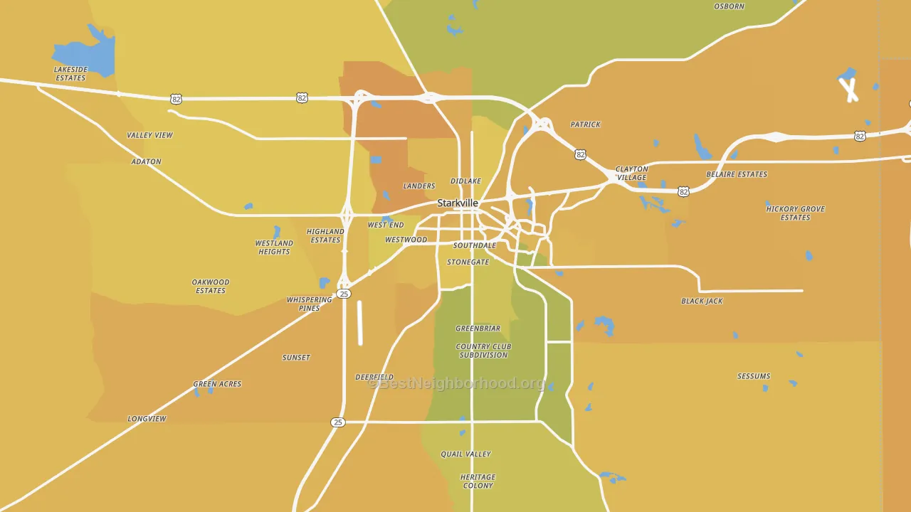 Map of the best neighborhoods in the 39759 area, with better matches in green and worse matches in red