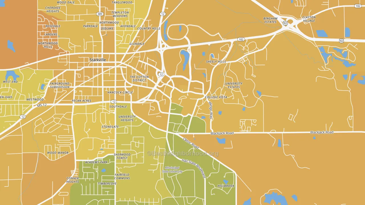 Map of the best neighborhoods in the 39762 area, with better matches in green and worse matches in red