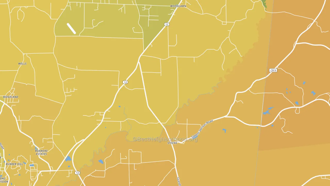 Map of the best neighborhoods in the 39766 area, with better matches in green and worse matches in red