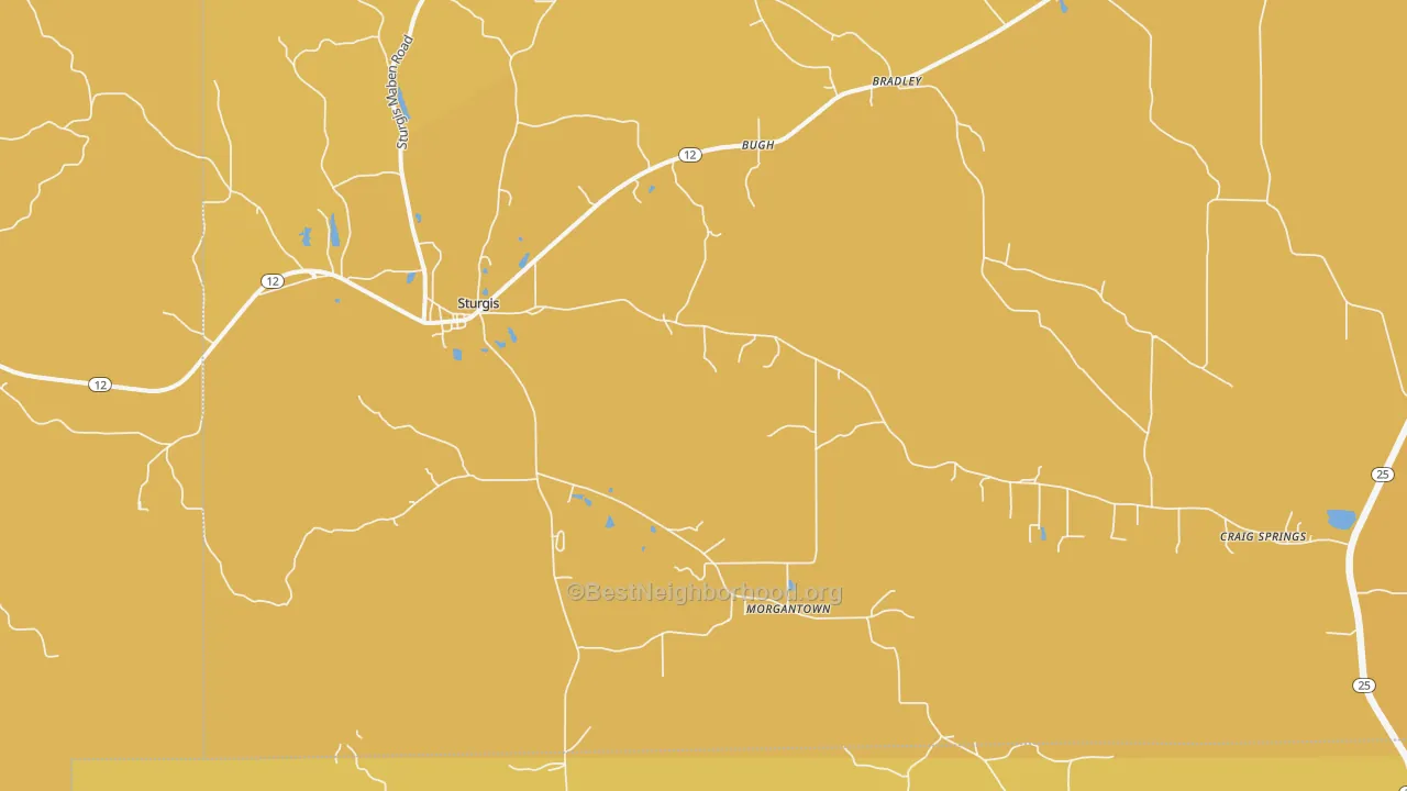 Map of the best neighborhoods in the 39769 area, with better matches in green and worse matches in red