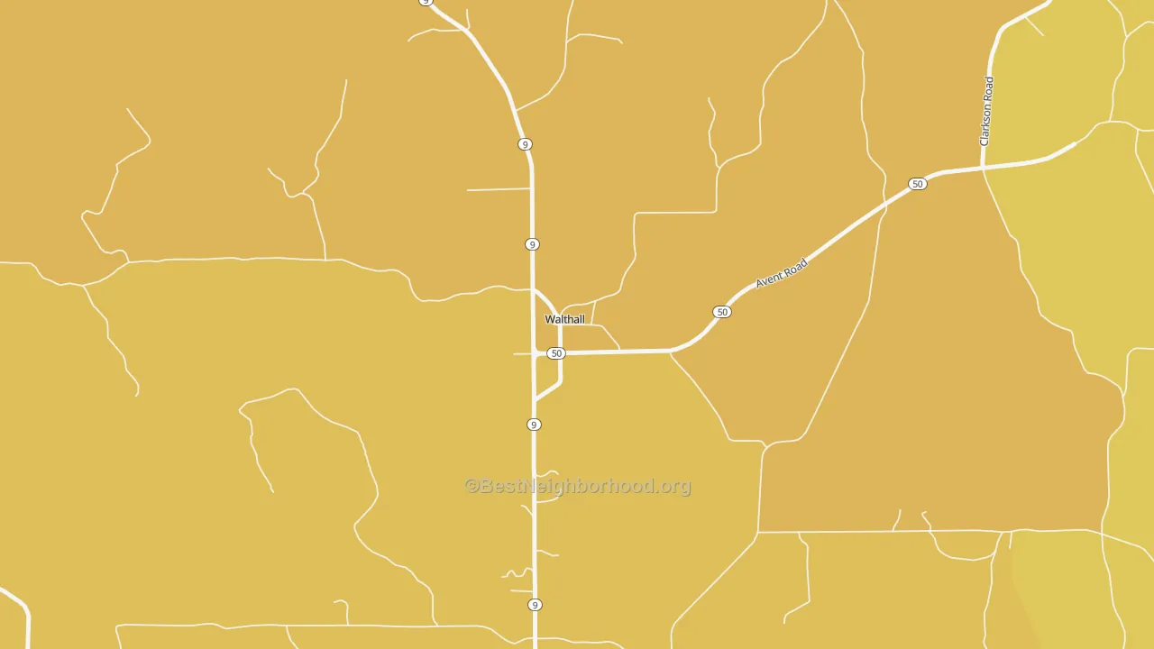 Map of the best neighborhoods in the 39771 area, with better matches in green and worse matches in red
