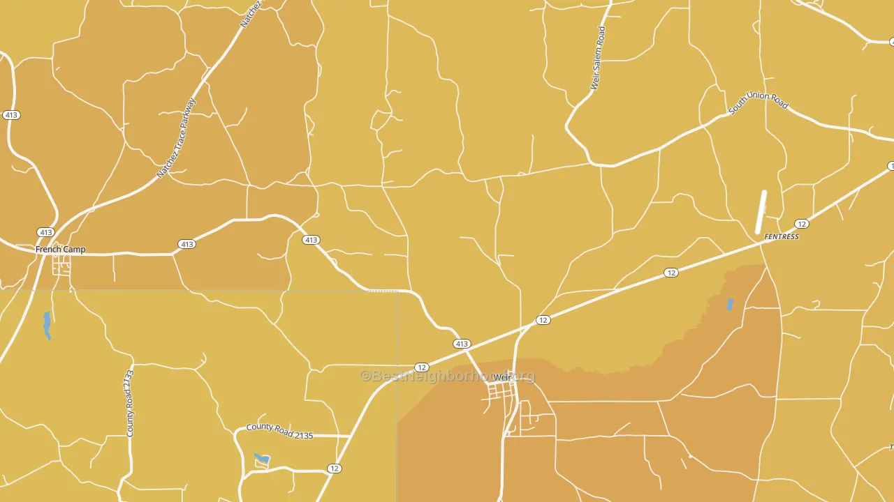 Map of the best neighborhoods in the 39772 area, with better matches in green and worse matches in red