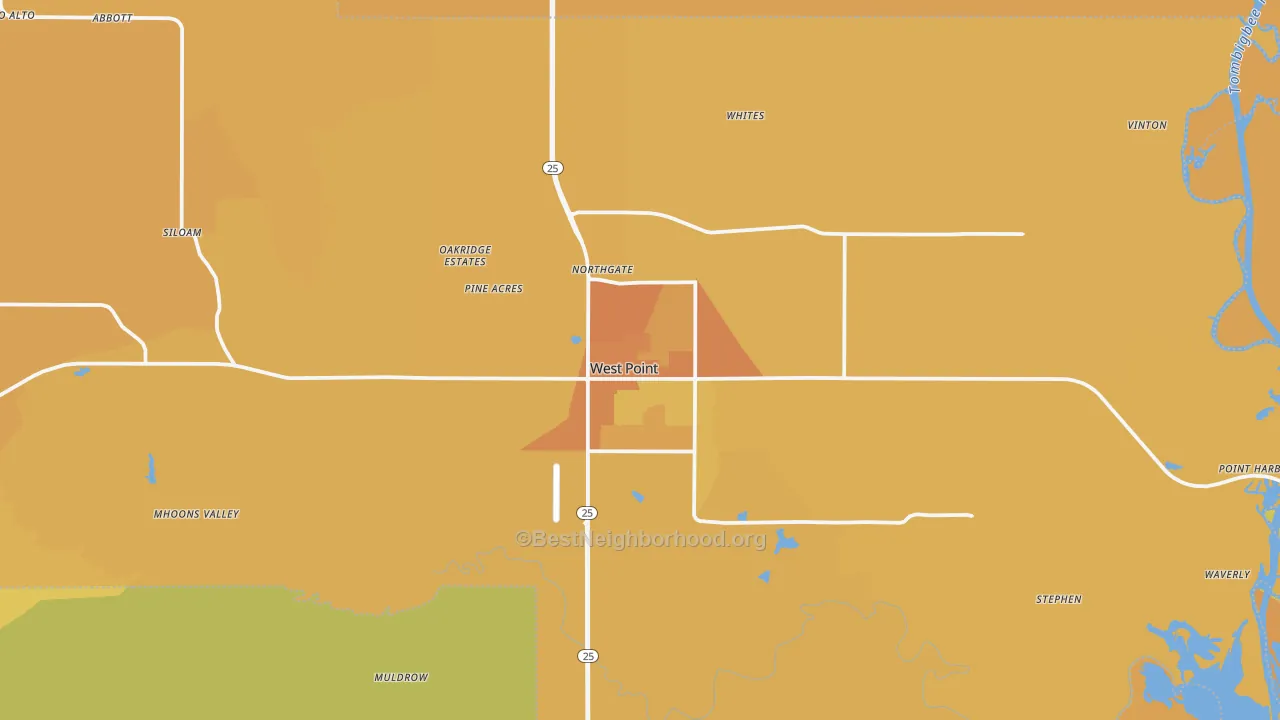 Map of the best neighborhoods in the 39773 area, with better matches in green and worse matches in red
