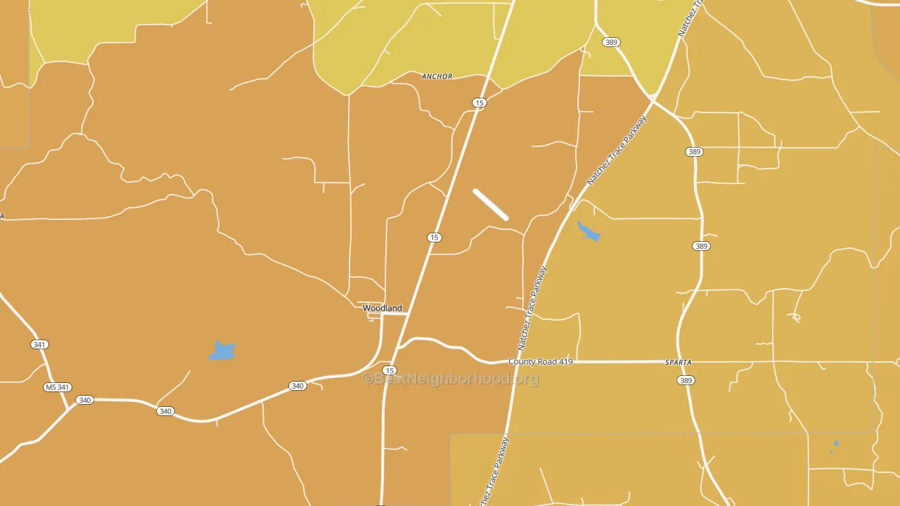 Map of the best neighborhoods in the 39776 area, with better matches in green and worse matches in red