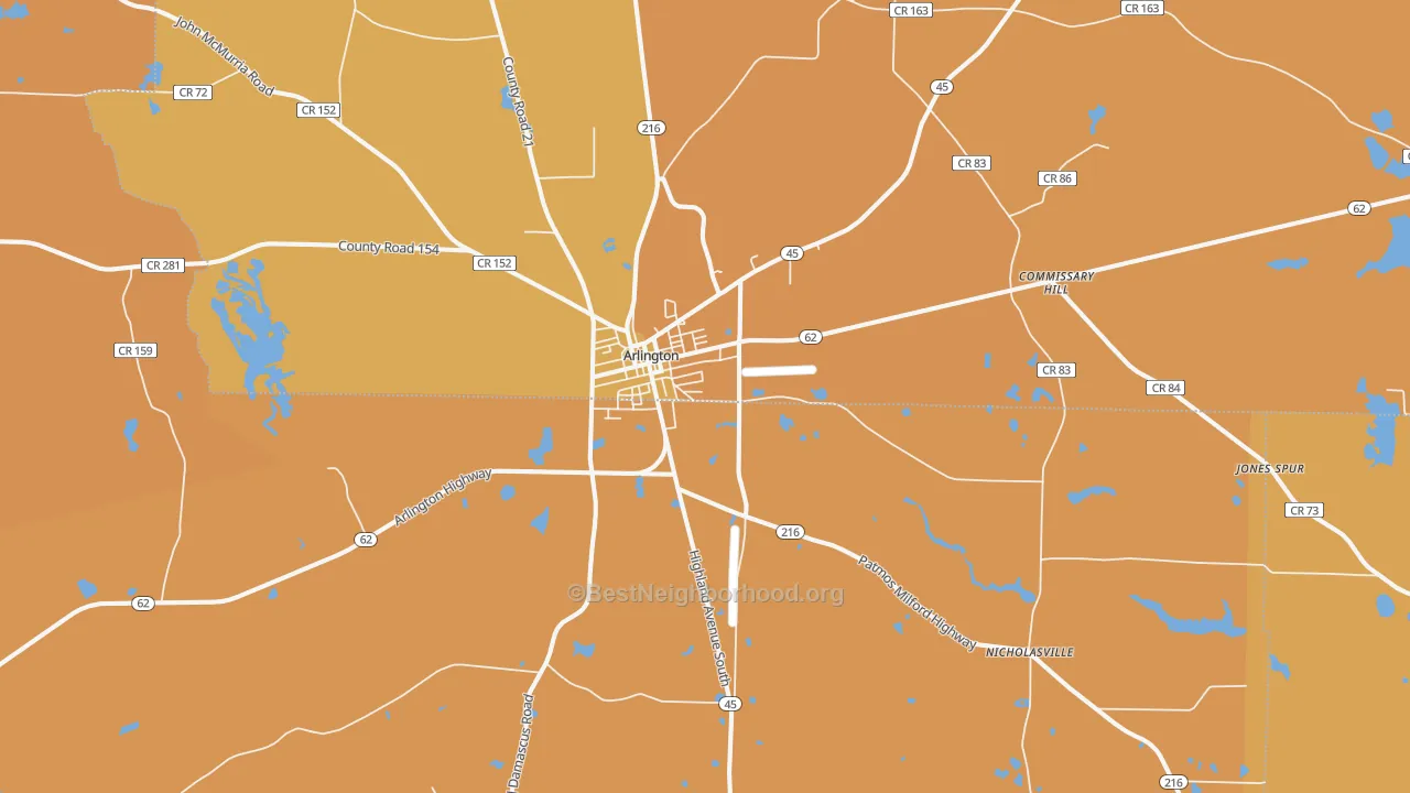 Map of the best neighborhoods in the 39813 area, with better matches in green and worse matches in red
