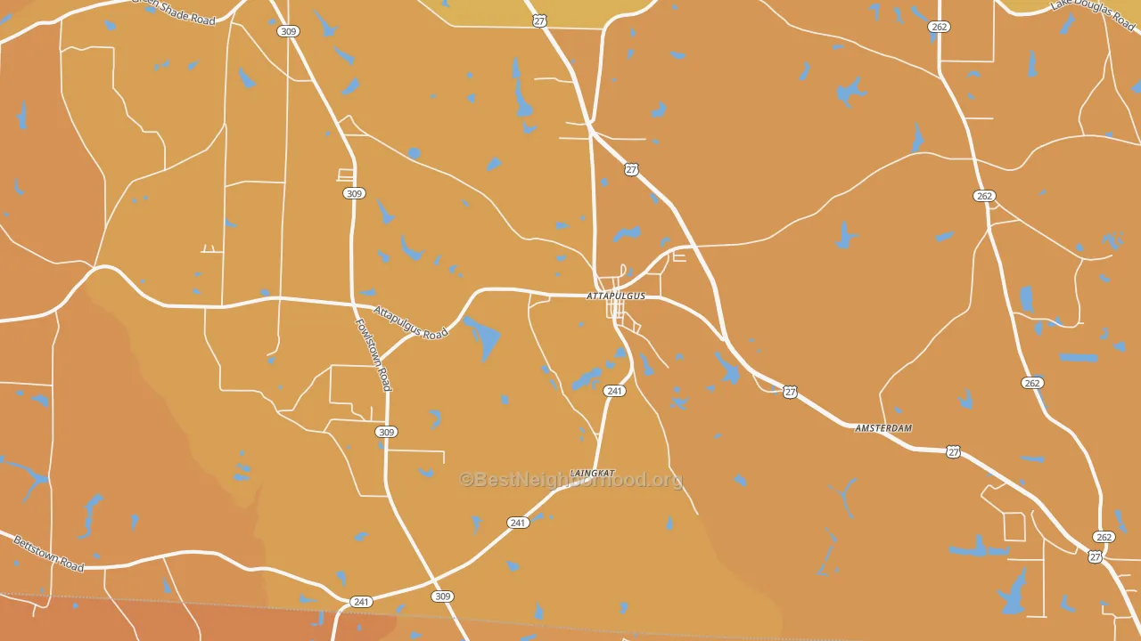 Map of the best neighborhoods in the 39815 area, with better matches in green and worse matches in red