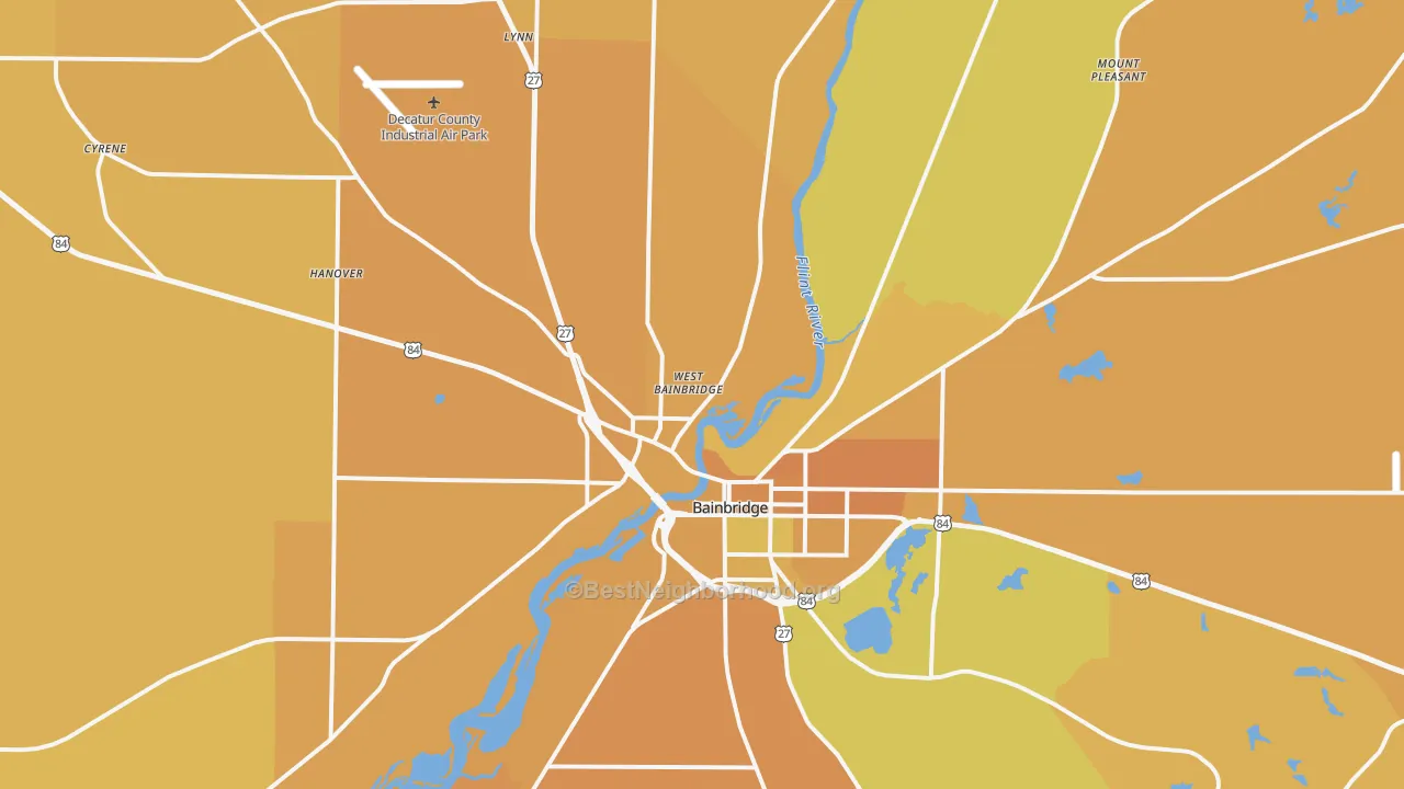 Map of the best neighborhoods in the 39817 area, with better matches in green and worse matches in red