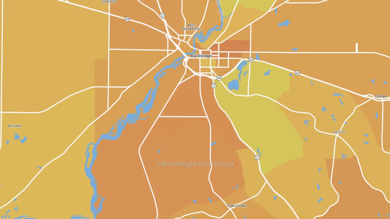 Map of the best neighborhoods in the 39819 area, with better matches in green and worse matches in red