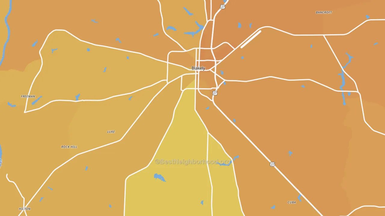 Map of the best neighborhoods in the 39823 area, with better matches in green and worse matches in red