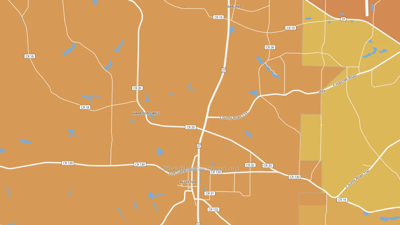 Map of the best neighborhoods in the 39824 area, with better matches in green and worse matches in red