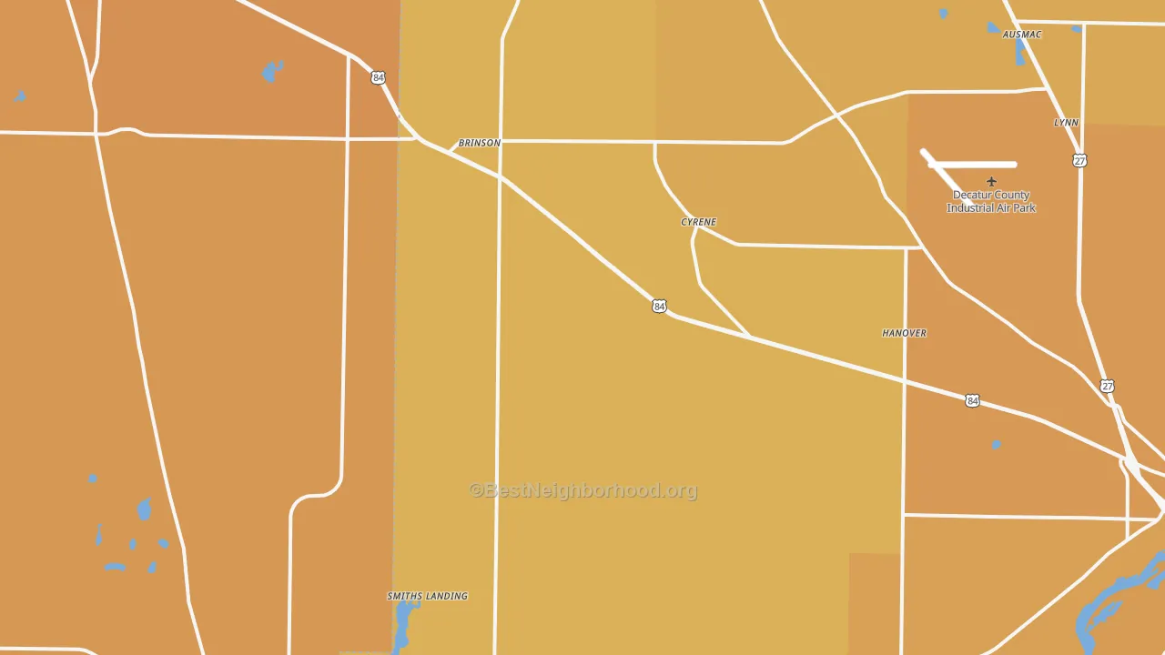 Map of the best neighborhoods in the 39825 area, with better matches in green and worse matches in red