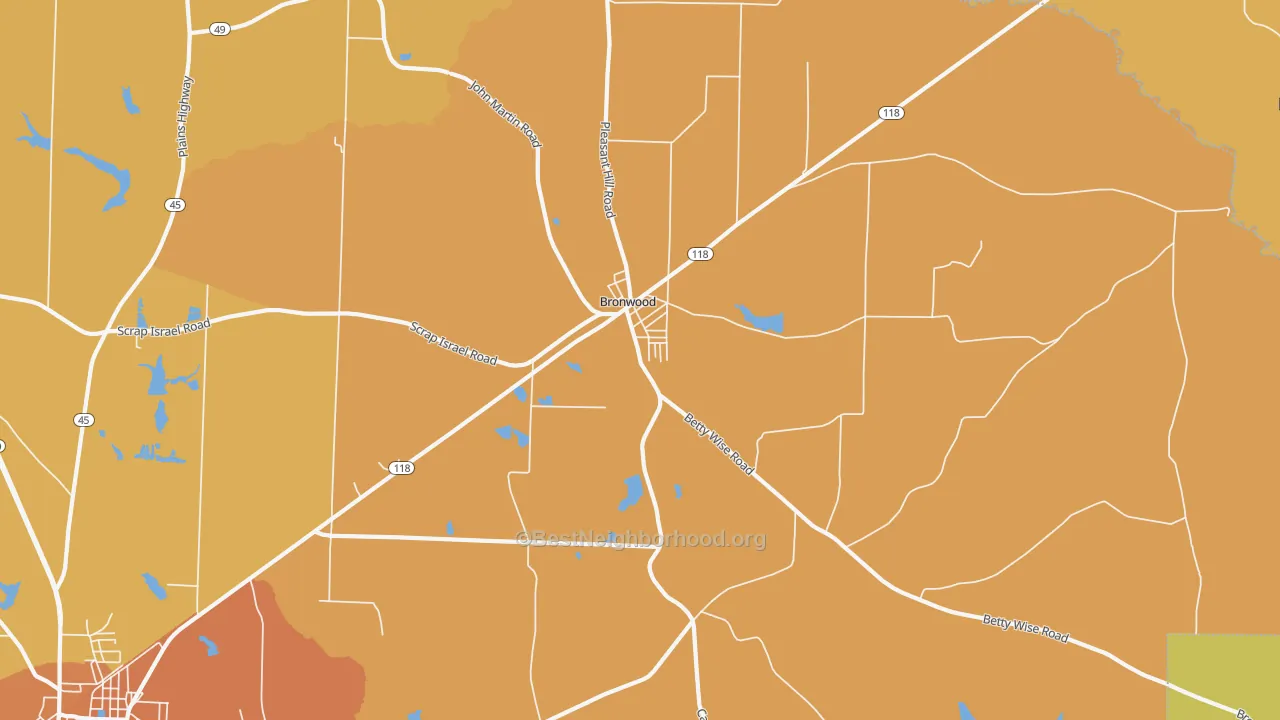 Map of the best neighborhoods in the 39826 area, with better matches in green and worse matches in red