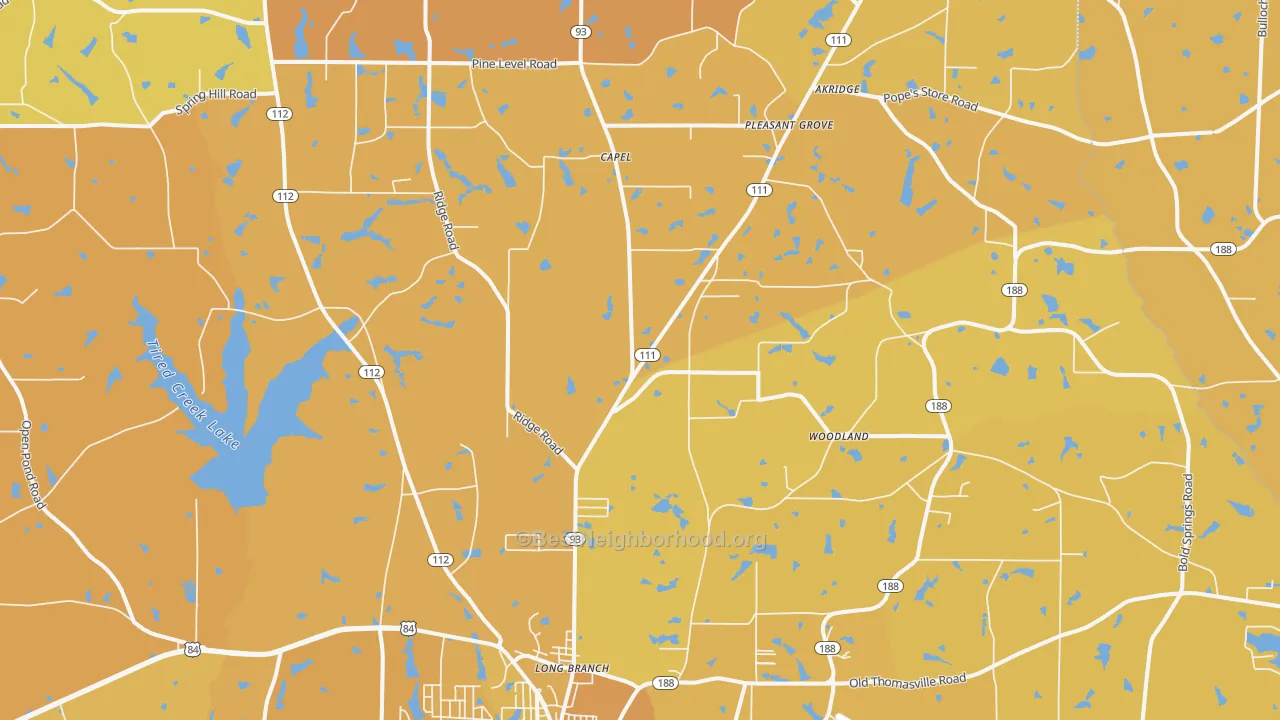 Map of the best neighborhoods in the 39827 area, with better matches in green and worse matches in red