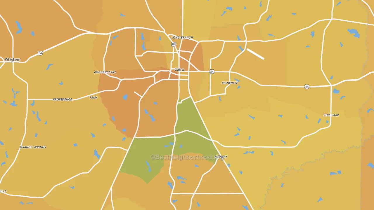 Map of the best neighborhoods in the 39828 area, with better matches in green and worse matches in red