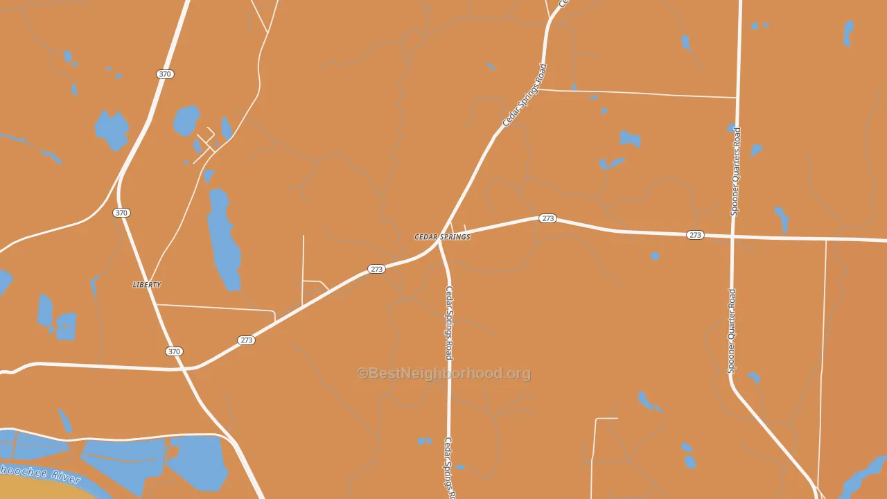 Map of the best neighborhoods in the 39832 area, with better matches in green and worse matches in red